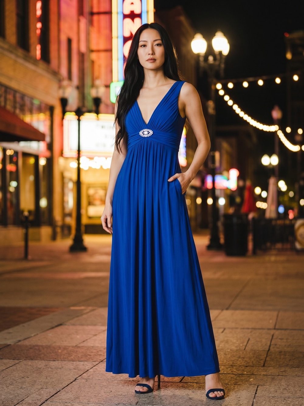 Elegant Long Blue Evening Dress with Embellished‎ Waist